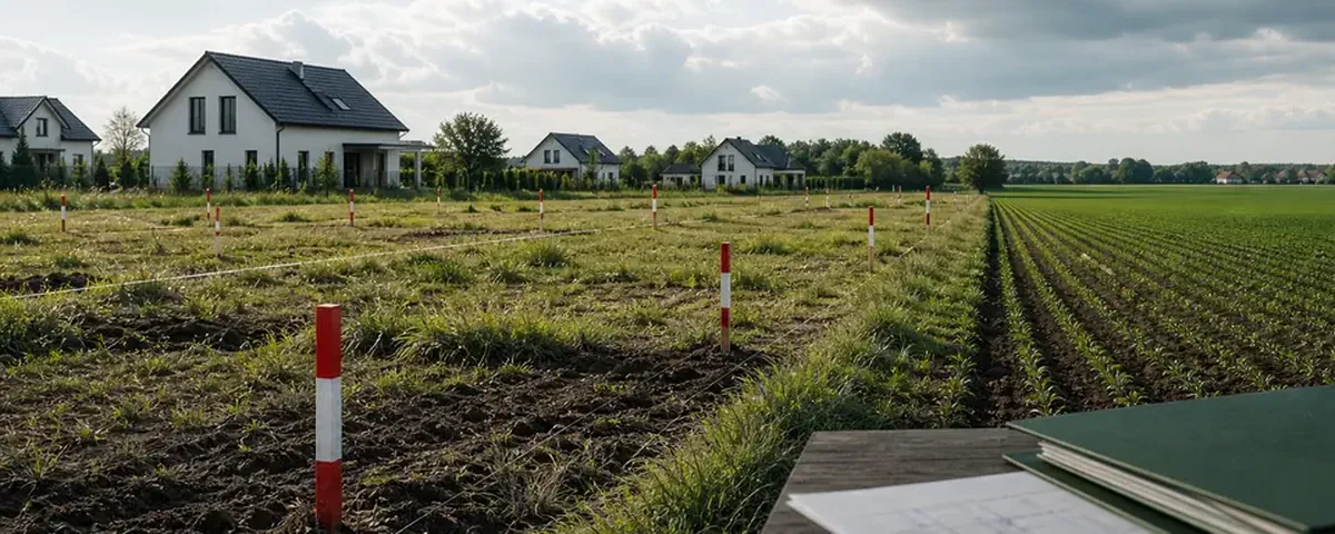 Pole z tyczkami geodezyjnymi wyznaczającymi granice fragmentów gruntu obok nowej zabudowy.