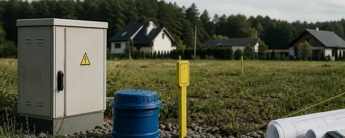 Szafka złącza elektrycznego na niezabudowanej działce, w tle domy jednorodzinne.